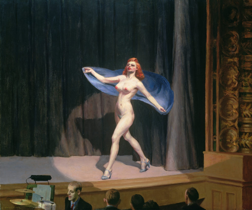 MFA404179 The Girlie Show, 1941 (oil on canvas) by Hopper, Edward (1882-1967); 81.3x96.5 cm; Private Collection; American,  in copyright PLEASE NOTE: This image is protected by the artist's copyright which needs to be cleared by you. If you require assistance in clearing permission we will be pleased to help you.